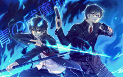Rule 34 | 2boys, aiming, aiming at viewer, ao no exorcist, bad id, bad pixiv id, blouse, blue background, blue theme, brothers, collared shirt, cowboy shot, dual wielding, finger on trigger, flaming sword, flaming weapon, glasses, gun, holding, holding sword, holding weapon, male focus, mg (mica), midriff peek, military, military uniform, multiple boys, okumura rin, okumura yukio, pointy ears, scabbard, sheath, shirt, siblings, sword, uniform, weapon, white shirt