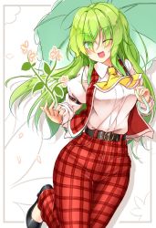 Rule 34 | 1girl, ;d, aka tawashi, ascot, belt, black belt, black footwear, blush, breasts, commentary request, cowboy shot, drop shadow, flower, green eyes, green hair, green umbrella, hair between eyes, highres, holding, holding umbrella, juliet sleeves, kazami yuuka, kazami yuuka (pc-98), large breasts, long hair, long sleeves, looking at viewer, one eye closed, open mouth, pants, plaid, plaid pants, plaid vest, puffy sleeves, red pants, red vest, shoes, smile, solo, thighs, touhou, touhou (pc-98), umbrella, vest, white background, yellow ascot