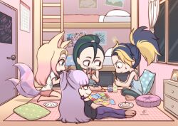 Rule 34 | 4girls, ahri (league of legends), akali, barefoot, bed, black hair, blonde hair, blush stickers, bunk bed, butter spoon, card, casual, clothing cutout, commentary request, crystal tail, door, earrings, evelynn (league of legends), food, gradient hair, green hair, grey tank top, high ponytail, highres, holding, holding card, indian style, jewelry, k/da (league of legends), kai&#039;sa, league of legends, multicolored hair, multiple girls, multiple tails, nightstand, photo (object), pillow, pink hair, ponytail, purple hair, shirt, shoulder cutout, sitting, sparkle, sticker, streaked hair, sweatdrop, t-shirt, tail, tank top, the baddest ahri, the baddest akali, the baddest evelynn, the baddest kai&#039;sa, two-tone hair, uno (game), white shirt, window, yokozuwari