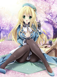 Rule 34 | 10s, 1girl, atago (kancolle), black gloves, blonde hair, blush, breasts, cherry blossoms, cleavage, food, gloves, green eyes, hanami, hat, high heels, kantai collection, large breasts, long hair, looking at viewer, military, military uniform, open mouth, pantyhose, personification, petals, sakurano ru, sitting, smile, solo, uniform