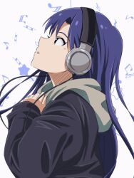 Rule 34 | 1girl, black jacket, blue hair, blush, brown eyes, flat chest, from side, headphones, hood, hood down, idolmaster, idolmaster (classic), idolmaster million live!, idolmaster million live! theater days, jacket, kisaragi chihaya, long hair, long sleeves, looking at another, looking up, musical note, parted lips, solo, takatsuki p, white background