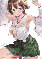 Rule 34 | 1girl, armpits, arms up, barefoot, belt, black belt, blue eyes, breasts, brown hair, collarbone, commentary request, detached sleeves, flipped hair, green skirt, headgear, hiei (kancolle), hiei kai ni (kancolle), highres, japanese clothes, kantai collection, light blush, looking to the side, medium breasts, mizuta kenji, nontraditional miko, one-hour drawing challenge, open mouth, plaid, plaid skirt, ribbon-trimmed sleeves, ribbon trim, short hair, skirt, solo, sweat, twitter username, white background, white sleeves