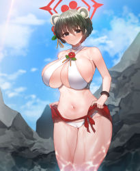 Rule 34 | 1girl, animal ears, bikini, black eyes, black hair, blue archive, blush, breasts, cleavage, cloud, commentary, day, flower, hair ornament, halo, highres, huge breasts, looking at viewer, moonjunk, outdoors, red flower, rock, short hair, sky, smile, solo, swimsuit, tsubaki (blue archive), wet