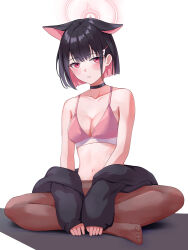 Rule 34 | 1girl, animal ears, black choker, black hair, black jacket, blue archive, blush, bra, breasts, brown pantyhose, cat ears, choker, cleavage, collarbone, colored inner hair, extra ears, full body, hair ornament, hairclip, halo, highres, jacket, kazusa (blue archive), large breasts, long sleeves, looking at viewer, multicolored hair, navel, noomaru (nomorepeople), open mouth, pantyhose, pink bra, pink hair, pink halo, red eyes, short hair, simple background, sitting, solo, underwear, white background