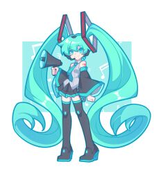 Rule 34 | absurdres, aqua background, aqua eyes, aqua hair, aqua necktie, bare shoulders, black footwear, black skirt, black sleeves, black thighhighs, closed mouth, collared shirt, detached sleeves, grey shirt, hair ornament, hand up, hatsune miku, headset, highres, holding, holding megaphone, legs apart, long hair, looking up, megaphone, musical note, necktie, pleated skirt, shirt, shoulder tattoo, skirt, sleeveless, sleeveless shirt, smile, standing, tattoo, thighhighs, twintails, very long hair, vocaloid, white background, wide sleeves, xianyudian laoban