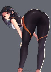 Rule 34 | 1girl, ass, baseball cap, bent over, black hat, blush, breasts, commentary request, crotch seam, eyelashes, feet out of frame, forehead, from behind, grey background, hair strand, hat, highres, kagematsuri, kneepits, leggings, legs, long hair, looking at viewer, looking back, open mouth, original, pantylines, ponytail, shiny clothes, short sleeves, simple background, skin tight, solo, standing, twitter username, watermark