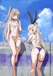 Rule 34 | absurdres, amatsukaze (kancolle), arm support, ass, bare shoulders, barefoot, blonde hair, blue sky, breasts, brown eyes, choker, day, food, from behind, grey hair, hair tubes, hairband, highres, holding, holding food, kantai collection, long hair, looking at viewer, looking back, navel, open mouth, outdoors, popsicle, scan, shimakaze (kancolle), shiny skin, simple background, sitting, sky, small breasts, stomach, takanashi kei (hitsujikan), thigh strap, thighs, toes, twintails