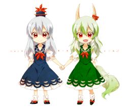 Rule 34 | 2girls, 6 (yuchae), blue dress, blue hair, bow, dress, dual persona, ex-keine, fang, full body, green dress, green hair, hat, highres, horn ornament, horn ribbon, horns, kamishirasawa keine, long hair, looking at viewer, multiple girls, open mouth, puffy short sleeves, puffy sleeves, red eyes, ribbon, short sleeves, simple background, smile, socks, tail, touhou, vest, white background, white legwear