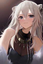 Rule 34 | 1girl, absurdres, ahoge, animal ears, bare shoulders, breasts, brown background, cleavage, closed mouth, commentary, ear piercing, gnns, grey eyes, grey hair, highres, hololive, lion ears, lion girl, long hair, looking at viewer, medium breasts, piercing, portrait, see-through, see-through cleavage, shishiro botan, shishiro botan (1st costume), simple background, smile, solo, virtual youtuber
