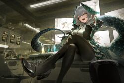 Rule 34 | 1girl, absurdres, arknights, black pantyhose, coat, commentary request, crossed legs, desk, dress, fingerless gloves, foot out of frame, glint, gloves, green eyes, green nails, grey hair, head wings, high heels, highres, ho&#039;olheyak (arknights), indoors, kawa683, lamp, long sleeves, looking at viewer, medium hair, monitor, nail polish, on desk, open clothes, open coat, open mouth, pantyhose, reptile girl, shoes, sitting, on desk, snake tail, solo, tail, white dress, white gloves, wings