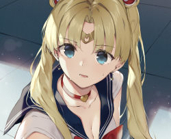Rule 34 | 1girl, bishoujo senshi sailor moon, bishoujo senshi sailor moon s, blonde hair, blue eyes, blue sailor collar, breasts, choker, circlet, cleavage, collarbone, commentary request, crescent, crescent earrings, derivative work, earrings, hair ornament, hair over shoulder, heart, heart choker, highres, jewelry, long hair, looking at viewer, medium breasts, meme, niii (memstapak), parted bangs, red choker, sailor collar, sailor moon, sailor moon redraw challenge (meme), short sleeves, solo, sweat, tsukino usagi, twintails, upper body