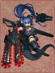 Rule 34 | 1girl, black skirt, black tank top, blue hair, boots, chain paradox, chainsword, dual wielding, hetza (hellshock), holding, horns, knee boots, lizard tail, long hair, looking at viewer, open mouth, pink eyes, ponytail, red background, sharp teeth, shouting, skirt, solo, tail, tank top, teeth, thighhighs, very long hair