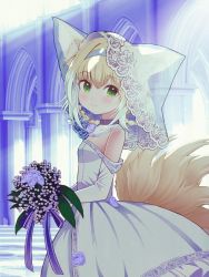 Rule 34 | 1girl, animal ears, arknights, black collar, blonde hair, blue hairband, blush, bouquet, bridal veil, collar, commission, dress, flower, fox ears, fox girl, fox tail, from side, green eyes, hairband, highres, holding, holding bouquet, indoors, infection monitor (arknights), kitsune, kyuubi, looking at viewer, mikoko1, multicolored hair, multiple tails, off-shoulder dress, off shoulder, purple flower, skeb commission, smile, solo, streaked hair, suzuran (arknights), tail, veil, wedding dress, white hair