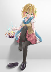 Rule 34 | 1girl, aqua scarf, black footwear, black pantyhose, blonde hair, blush, cardigan, collared shirt, commentary request, gabriel dropout, green eyes, hair ornament, highres, long hair, multicolored hair, orange0150, pantyhose, pink hair, pleated skirt, red skirt, scarf, shirt, shoes, unworn shoes, short sleeves, single shoe, skirt, smile, solo, star (symbol), star hair ornament, streaked hair, tapris chisaki sugarbell, toes, white background, white shirt, yellow cardigan