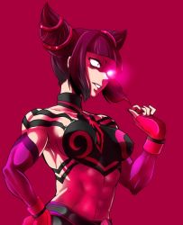 Rule 34 | 1girl, abs, bad id, bad pixiv id, black hair, breasts, capcom, detached sleeves, drill hair, fingerless gloves, gloves, glowing, glowing eye, halterneck, han juri, hand in panties, hand on own hip, impossible clothes, large breasts, marimo (yousei ranbu), midriff, muscular, nail polish, panties, purple eyes, purple nails, short twintails, solo, spiked hair, street fighter, twin drills, twintails, underwear