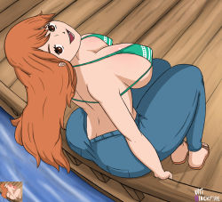 Rule 34 | 1girl, ass, bikini, breasts, brown eyes, cleavage, highres, large breasts, long hair, looking at viewer, lying, nami (one piece), nude, on side, one piece, orange hair, smile, solo, swimsuit, tagme, tattoo, wide hips