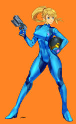 Rule 34 | 1girl, absurdres, blonde hair, blue eyes, blush, bodysuit, breasts, full body, gun, highres, holding, holding gun, holding weapon, impossible clothes, large breasts, lips, long hair, metroid, metroid (classic), nintendo, orange background, ponytail, samus aran, sidelocks, signature, simple background, skin tight, solo, unknownid, weapon, zero suit