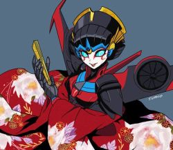 Rule 34 | 1girl, autobot, blue eyes, hand fan, japanese clothes, kimono, long hair, transformers, windblade, windblade (transformers)