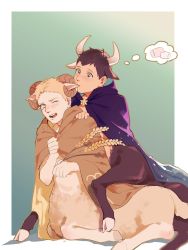 Rule 34 | 2boys, animal ears, cape, centauroid, commentary request, highres, horse, horse boy, horse ears, implied yaoi, mouth hold, multiple boys, mythological creature, no humans, one eye closed, original, outside border, shadowlll2, simple background, size difference, tagme, tasting, taur, teeth, thought bubble, upper teeth only, wheat