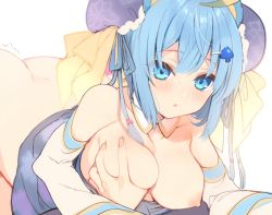 Rule 34 | 1girl, :o, ass, bare shoulders, blue eyes, blue hair, blush, bottomless, bow, grabbing another&#039;s breast, breasts, collarbone, detached collar, detached sleeves, double bun, grabbing, hair between eyes, hair bow, hair bun, hair ornament, hair ribbon, large breasts, medium hair, nipples, open mouth, original, p (p25234112), ribbon, spade (shape), spade hair ornament