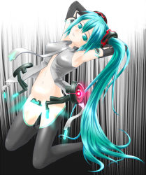 Rule 34 | 00s, 1girl, aqua eyes, aqua hair, armpits, arms behind head, arms up, boots, censored, convenient censoring, covered erect nipples, elbow gloves, gloves, hatsune miku, hatsune miku (append), kneeling, long hair, matching hair/eyes, n2m3, navel, necktie, no panties, solo, thigh boots, thighhighs, twintails, very long hair, vocaloid, vocaloid append