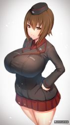 Rule 34 | 10s, 1girl, amamiya (abaros), artist name, breasts, brown eyes, brown hair, commentary request, emblem, garrison cap, girls und panzer, hand on own hip, hat, huge breasts, kuromorimine (emblem), kuromorimine military uniform, looking at viewer, military, military uniform, nishizumi maho, pleated skirt, red skirt, short hair, skirt, solo, standing, uniform
