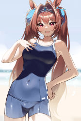 Rule 34 | 1girl, :d, absurdres, animal ears, bare shoulders, beach, blue one-piece swimsuit, blue sky, blush, breasts, brown hair, collarbone, covered navel, daiwa scarlet (umamusume), fang, fingernails, hair intakes, hand on own chest, hand on own hip, highres, horse ears, horse girl, horse tail, kurokin, large breasts, long fingernails, long hair, looking at viewer, one-piece swimsuit, open mouth, red eyes, skin fang, sky, smile, swimsuit, tail, thighs, tiara, twintails, umamusume, very long hair