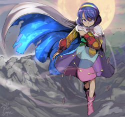 Rule 34 | 1girl, blue hair, cape, dress, hairband, long sleeves, medium hair, multicolored cape, multicolored clothes, multicolored dress, multicolored hairband, pointing, pointing down, pointing up, purple eyes, rainbow gradient, red button, sky print, smile, solo, syope, tenkyuu chimata, touhou, two-sided cape, two-sided fabric, white cape, zipper