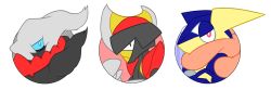 Rule 34 | bisharp, black eyes, blade, blue sclera, closed mouth, colored sclera, creatures (company), darkrai, face, from side, game freak, gen 4 pokemon, gen 5 pokemon, gen 6 pokemon, greninja, grey hair, half-closed eyes, highres, kageyama (ikagerira), legendary pokemon, long tongue, looking at viewer, mythical pokemon, nintendo, no humans, pokemon, pokemon (creature), profile, red eyes, simple background, tongue, tongue out, white background, white eyes