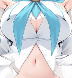 Rule 34 | 1girl, absurdres, armpit crease, blue neckerchief, breast focus, breasts, cleavage, close-up, detached sleeves, front slit, highres, hololive, large breasts, mogmog megmog, navel, neckerchief, shirakami fubuki, shirakami fubuki (1st costume), solo, stomach, strapless, vest, virtual youtuber, white sleeves, white vest, wide sleeves