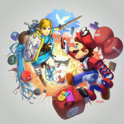 Rule 34 | 2boys, american football, arms (game), balloon, blue eyes, bomb, bomberman, brown hair, controller, couch, crossover, explosive, facial hair, fire emblem, game controller, highres, ink, jetpack, koizumi yoshiaki, link, male focus, mario, mario (series), mario kart, mario kart 8, master sword, multiple boys, mustache, nintendo, nintendo switch, overalls, playing, pointy ears, puyo (puyopuyo), puyopuyo, puyopuyo tetris, ring (sonic), sega, shield, snipperclips, snipperclips: cut it out together, sonic (series), splatoon (series), splatoon 1, stup-jam, super mario odyssey, sword, tetris, the elder scrolls, the elder scrolls v: skyrim, the legend of zelda, the legend of zelda: breath of the wild, weapon, white bomberman, xenoblade chronicles (series), xenoblade chronicles 2