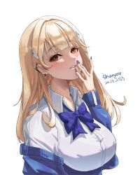 Rule 34 | artist name, blonde hair, blue bow, blue bowtie, blue jacket, blush, bowtie, breasts, brown eyes, collared shirt, dated, ear piercing, earrings, goddess of victory: nikke, grin, hair ornament, head tilt, jacket, jewelry, large breasts, long hair, looking at viewer, mole, mole under eye, nail polish, off-shoulder jacket, off shoulder, piercing, purple nails, shirt, shouyou (egcr8334), simple background, smile, tia (nikke), white background, white shirt