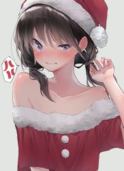 Rule 34 | 1girl, anger vein, bare shoulders, black hair, blush, christmas, clenched teeth, collarbone, commentary request, crop top, embarrassed, flat chest, frown, fur trim, furrowed brow, grey background, hand up, hat, highres, long hair, low twintails, off-shoulder shirt, off shoulder, original, parted lips, pom pom (clothes), purple eyes, red hat, red shirt, rinku (rin9), santa costume, santa hat, shirt, short sleeves, simple background, solo, spoken anger vein, tearing up, teeth, twintails, uneven eyes, upper body, v-shaped eyebrows, wavy mouth