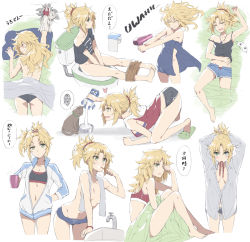 Rule 34 | 1girl, absurdres, alternate hairstyle, ass, bare shoulders, barefoot, black panties, blonde hair, blue towel, bowl, breasts, brushing teeth, cat, cup, drying, drying hair, fate/apocrypha, fate (series), faucet, green eyes, grey towel, hair down, hair dryer, hand on own stomach, higher resolution available, highres, jacket, jewelry, lying, milk, milk carton, mordred (fate), mordred (fate/apocrypha), mug, naked towel, navel, necklace, on stomach, open clothes, open fly, open jacket, open shirt, panties, pet bowl, red panties, rubbing eyes, shirt, shorts, sleep mask, slippers, speech bubble, spoken squiggle, sports bra, squiggle, toilet paper, toilet use, tonee, toothbrush, topless, towel, towel around neck, track jacket, underwear, waking up, white shirt