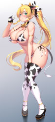 Rule 34 | 1girl, :o, absurdres, animal ears, animal print, bare shoulders, bell, bikini, black gloves, blonde hair, blunt bangs, blush, bottle, braid, breasts, brown hair, cleavage, collar, collarbone, commentary request, covered erect nipples, cow ears, cow girl, cow horns, cow print, cow print bikini, cow tail, cowbell, cowboy shot, curvy, elbow gloves, fairy, fake animal ears, fake horns, fake tail, from side, gloves, gradient background, green eyes, grey background, hair ornament, hairclip, hand on own thigh, highres, horns, huge breasts, kawase seiki, knees together feet apart, large breasts, leafa, leaning forward, long ears, long hair, looking at viewer, milk bottle, navel, neck bell, open mouth, pointy ears, ponytail, print bikini, print thighhighs, side-tie bikini bottom, sidelocks, simple background, skindentation, solo, swimsuit, sword art online, tail, thick thighs, thighhighs, thighs, tongue, tongue out, twin braids, very long hair