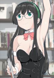 Rule 34 | 1girl, alternate breast size, armpits, black hair, black leotard, bookshelf, bow, bowtie, breasts, cleavage, commentary request, covered navel, detached collar, glasses, green eyes, hairband, kantai collection, leotard, long hair, looking up, medium breasts, mimofu (fullhighkick), ooyodo (kancolle), playboy bunny, red bow, red bowtie, semi-rimless eyewear, solo, split mouth, strapless, strapless leotard, under-rim eyewear, upper body