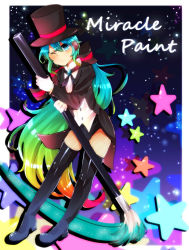 Rule 34 | 1girl, aqua eyes, aqua hair, bow, female focus, fishnet thighhighs, fishnets, full body, hair bow, hat, hatsune miku, long hair, magician, miracle paint (vocaloid), one eye closed, paintbrush, ponytail, project diva, project diva (series), sky, smile, solo, thighhighs, top hat, twintails, very long hair, vocaloid, wink
