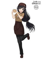 Rule 34 | 10s, 1girl, :d, absurdres, alternate costume, apron, artist name, black eyes, black hair, black pants, brown apron, brown footwear, brown hat, brown shirt, circle hands, commentary request, cross-laced footwear, dated, english text, full body, girls und panzer, hair ornament, hair scrunchie, hat, highres, isuzu hana, long hair, looking at viewer, low-tied long hair, one-hour drawing challenge, open mouth, pants, scrunchie, shiina excel, shirt, shoes, short sleeves, signature, simple background, smile, solo, standing, twitter username, waitress, white background