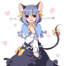 Rule 34 | 1girl, :d, animal ears, blush, bow, bowtie, capelet, dress, heart, kozakura (dictionary), looking at viewer, mouse ears, mouse tail, nazrin, nervous, open mouth, skirt, skirt tug, smile, solo, tail, tail bow, tail ornament, touhou