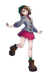 Rule 34 | 1girl, absurdres, boots, brown eyes, brown footwear, brown hair, cardigan, commentary request, creatures (company), dress, eyelashes, full body, game freak, gloria (pokemon), green hat, green socks, grey cardigan, hair behind ear, hasekou g, hat, highres, knees, leg up, nintendo, open mouth, pink dress, pokemon, pokemon swsh, simple background, smile, socks, solo, tam o&#039; shanter, teeth, tongue, white background