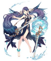 Rule 34 | 1girl, anklet, aqua eyes, barefoot, dual wielding, fins, floating sword, floating weapon, full body, hand on own cheek, hand on own face, holding, jewelry, jino, long hair, ningyo hime (sinoalice), official art, purple hair, sailor collar, sinoalice, solo, sword, transparent background, very long hair, water, weapon