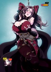 Rule 34 | 2girls, absurdres, armor, armpits, arms up, billvicious, blush, bound, grabbing another&#039;s breast, breasts, brown hair, byleth (female) (fire emblem), byleth (fire emblem), cape, cleavage, collar, corset, detached sleeves, dorothea arnault, dress, earrings, fire emblem, fire emblem: three houses, grabbing, greaves, green eyes, heart, heroes relic (fire emblem), highres, jewelry, large breasts, long hair, multiple girls, nintendo, open mouth, red dress, sword, sword of the creator, tied up, weapon, whip sword, yuri