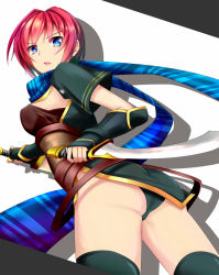 Rule 34 | 1girl, ass, black dress, black thighhighs, blue eyes, breasts, commentary request, dress, gloves, holding, holding weapon, kotuzui yositune, looking at viewer, medium breasts, nel zelpher, open mouth, panties, red hair, scarf, short hair, sideboob, solo, standing, star ocean, star ocean till the end of time, thighhighs, thighs, underwear, weapon