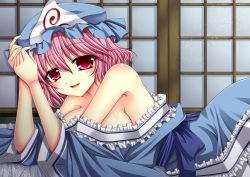 Rule 34 | 1girl, absurdres, asazuki kanai, bare shoulders, breasts, door, female focus, ghost, hat, highres, japanese clothes, lying, off shoulder, on stomach, open clothes, open mouth, pink hair, red eyes, saigyouji yuyuko, sideboob, smile, solo, touhou, triangular headpiece
