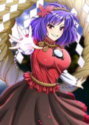 Rule 34 | 1girl, blush, breasts, brown skirt, commentary request, grin, hair ornament, highres, large breasts, leaf, leaf hair ornament, long skirt, looking at viewer, maple leaf, mirror, murasaki tsutsuji, outstretched arms, purple hair, red eyes, red shirt, rope, shide, shimenawa, shirt, short hair, skirt, smile, solo, touhou, white sleeves, yasaka kanako