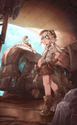 Rule 34 | 1boy, 1girl, aircraft, bad id, bad pixiv id, belt, blue sky, blush, brown belt, brown footwear, brown gloves, brown headwear, brown shorts, chain, cigar, cloud, cloudy sky, crack, exhaust pipe, flying, gloves, goggles, hair between eyes, hand on own hip, hat, high heels, highres, holding, holding cigar, holding wrench, industrial pipe, long hair, medium hair, open mouth, original, ponytail, rust, shichigatsu, shorts, sitting, sky, smoke, smoking, steampunk, tongue, white hair, wrench, yellow eyes