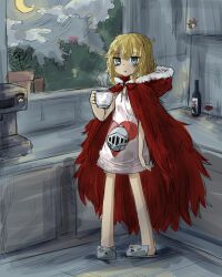 Rule 34 | 1girl, absurdres, black souls, blonde hair, blue eyes, cape, commentary, grimm (black souls), hei jiao tian kong, highres, hood, hooded cape, moon, oversized clothes, oversized shirt, red cape, red hood (black souls), shirt, slippers
