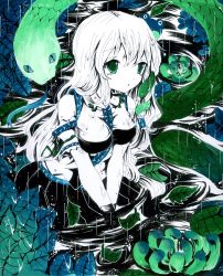 Rule 34 | 1girl, absurdres, breasts squeezed together, breasts, female focus, frog hair ornament, green eyes, hair ornament, highres, kneeling, kochiya sanae, lily pad, long hair, millipen (medium), monochrome, partially submerged, rain, shirt, snake, snake hair ornament, solo, taut clothes, taut shirt, torajirou, torajirou (toraneko zirou), touhou, traditional media, v arms