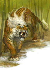 Rule 34 | animal, animal hands, bamboo, fangs, g.river, highres, no humans, open mouth, sabertooth tiger, solo, tiger, walking, whiskers