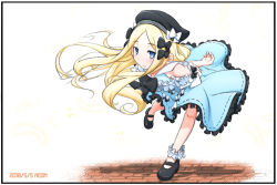 Rule 34 | 1girl, abigail williams (animejapan 2018) (fate), abigail williams (fate), artist name, beret, black bow, black footwear, black hat, blonde hair, blue dress, blue eyes, blush, bow, closed mouth, commentary request, dated, dress, fate/grand order, fate (series), forehead, hair bow, hat, hat bow, highres, leaning forward, long hair, mary janes, neon-tetora, official alternate costume, parted bangs, shoes, sleeveless, sleeveless dress, smile, solo, standing, standing on one leg, very long hair, white bow